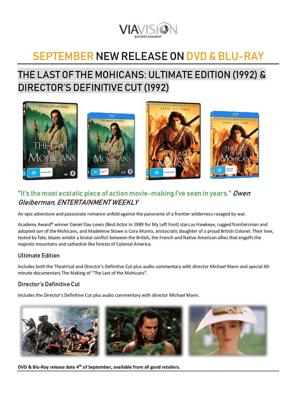 LAST OF THE MOHICANS - 2-Disc International Blu-Ray Releases -