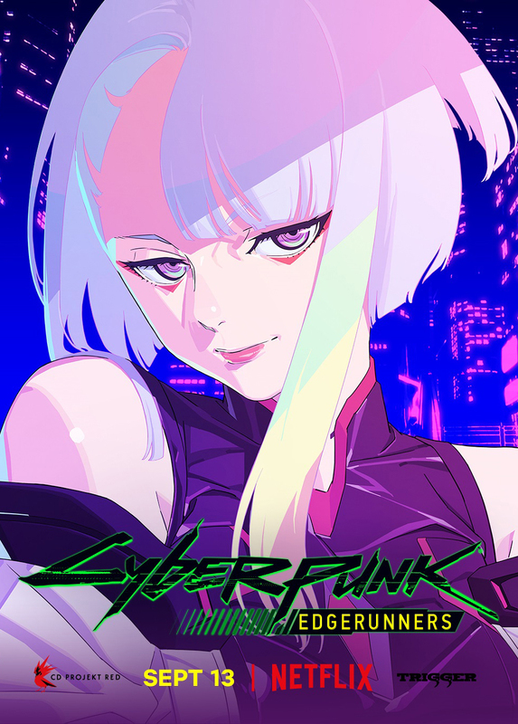 KREA - anime movie poster of a cyberpunk android falling past a