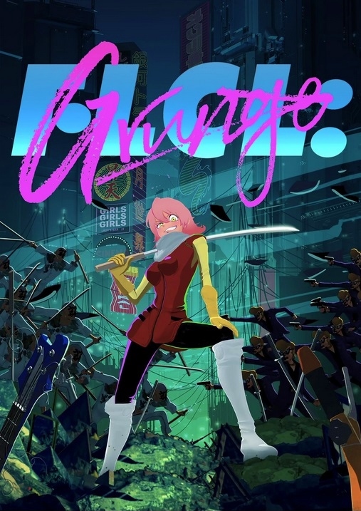 KREA - anime movie poster of a cyberpunk android falling past a